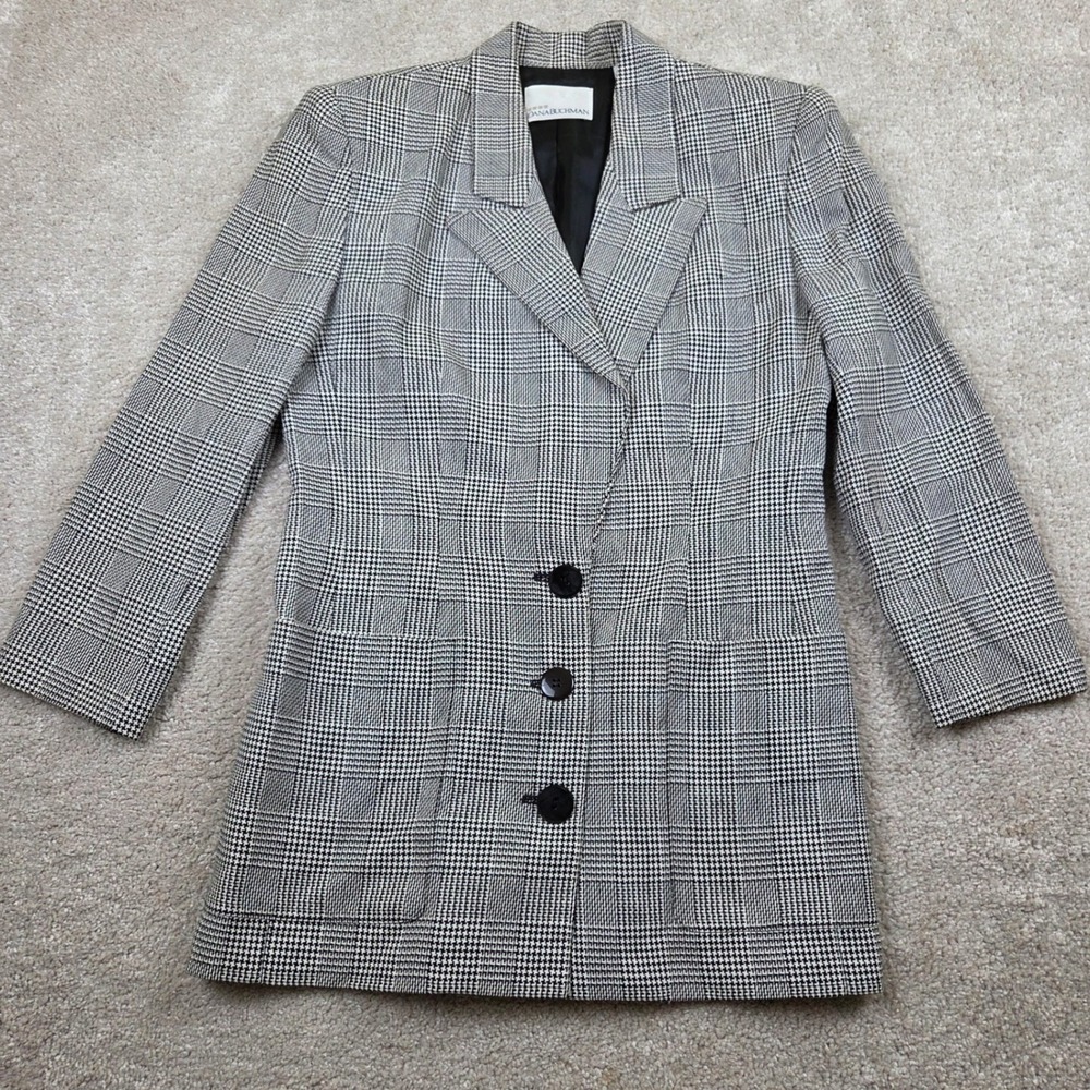 Dana Buchman Blazer 6 Black White Houndstooth Plaid Linen Blend 3-Button Jacket